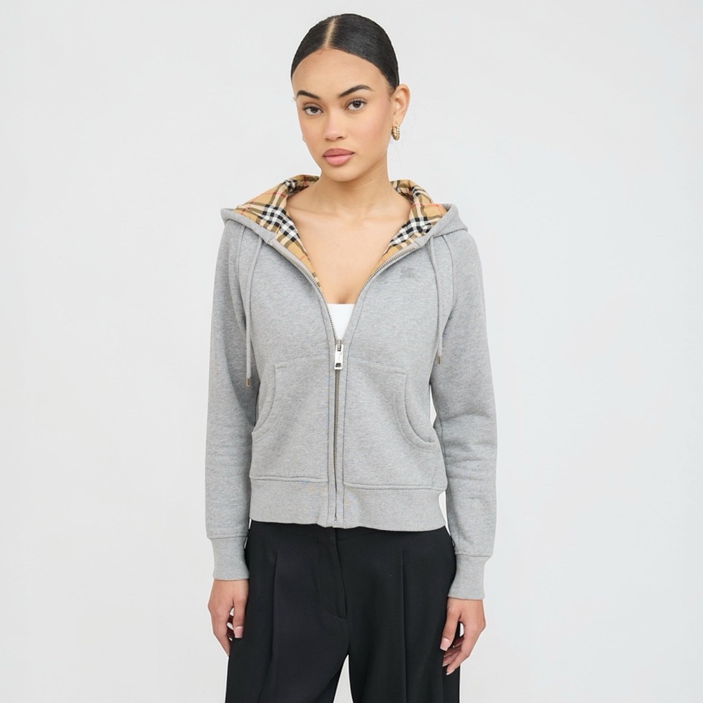 Burberry Nova Check Hood Zip Hoodie Gray Cotton Size Large